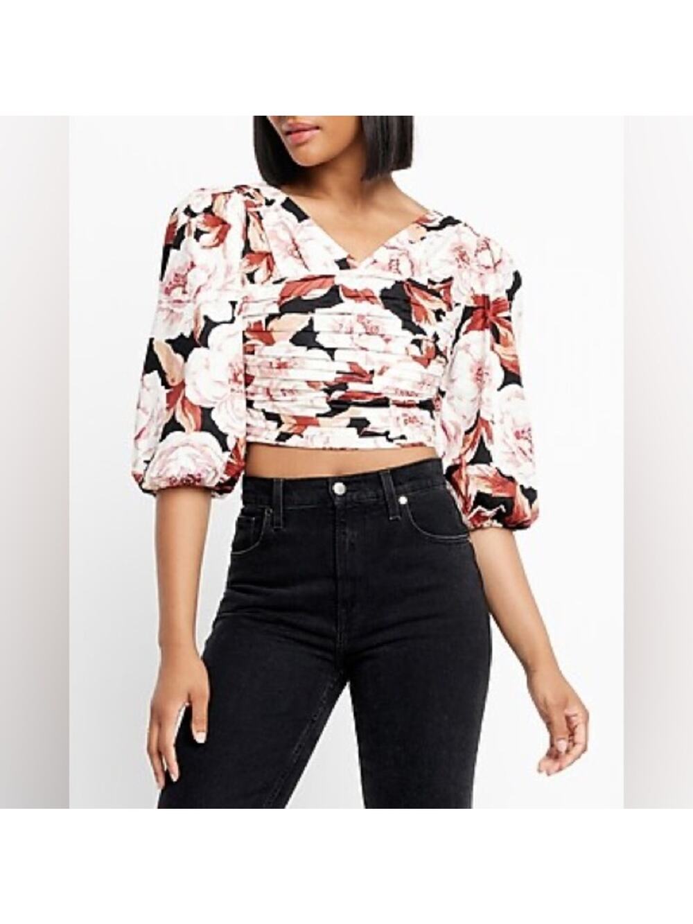 Express Floral Puff Sleeve Ruched pleated Crop top V-neck linen blend stretch XL